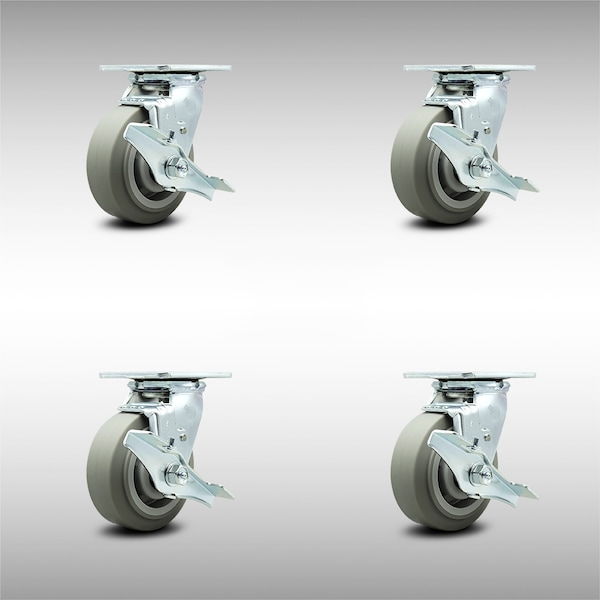 5 Inch SS Thermoplastic Rubber Swivel Caster Set with Roller Bearings and Brakes
